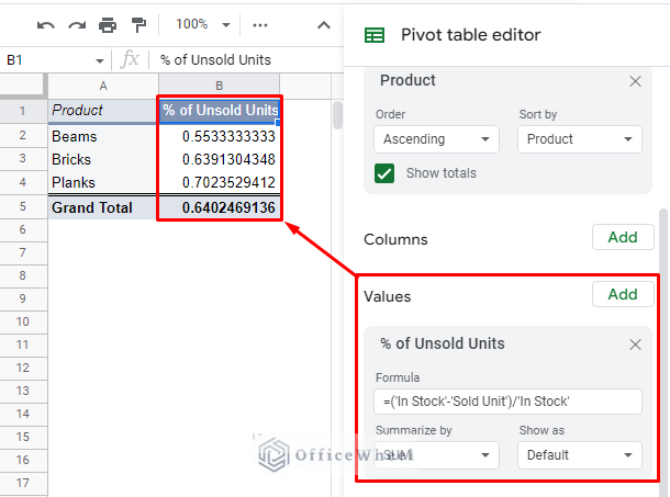 calculating the percentage of unsold units in a calculated field